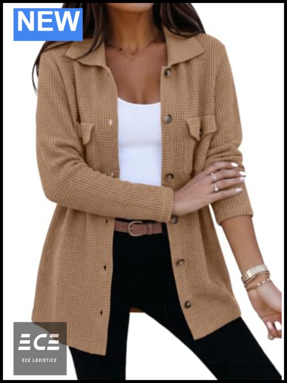 Waffle Chunky Knit Cardigan Shacket Tops Button Down V-Neck Long Sleeve